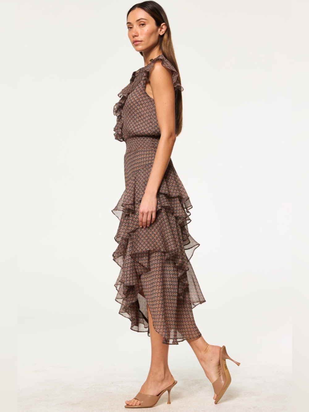 MISA ILYSA DRESS brown ditsy floral print chiffon. Ruffle-detailed NEW XS - Picture 5 of 6